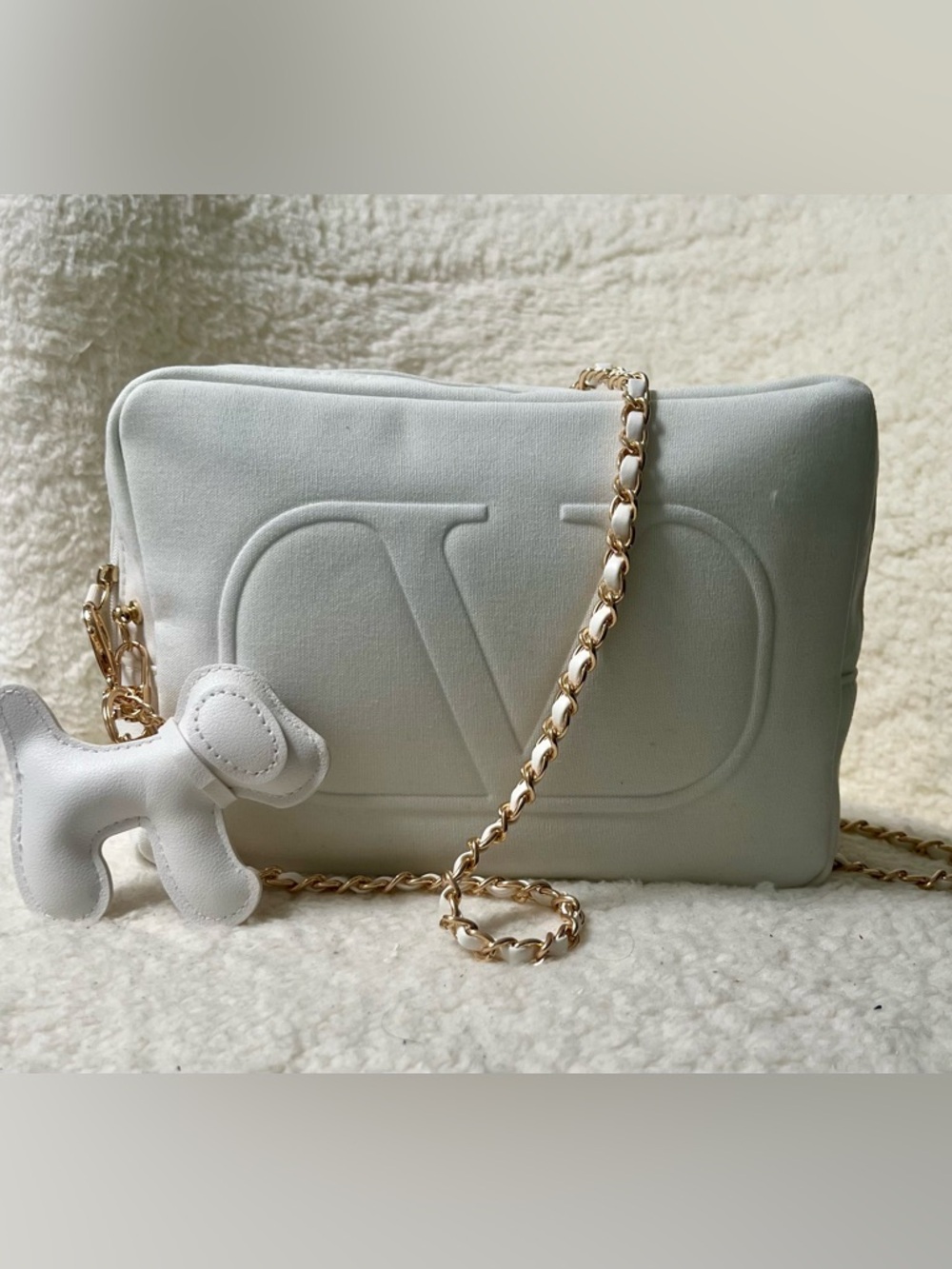 White Valentino Beauty Bag Upcycled to Crossbody Bag with removable strap.